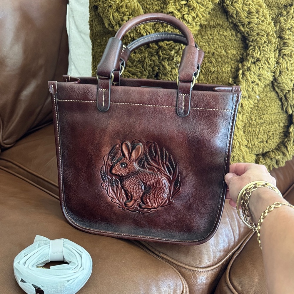 Brown Leather Rabbit Tooled Satchel, EASTER!!
